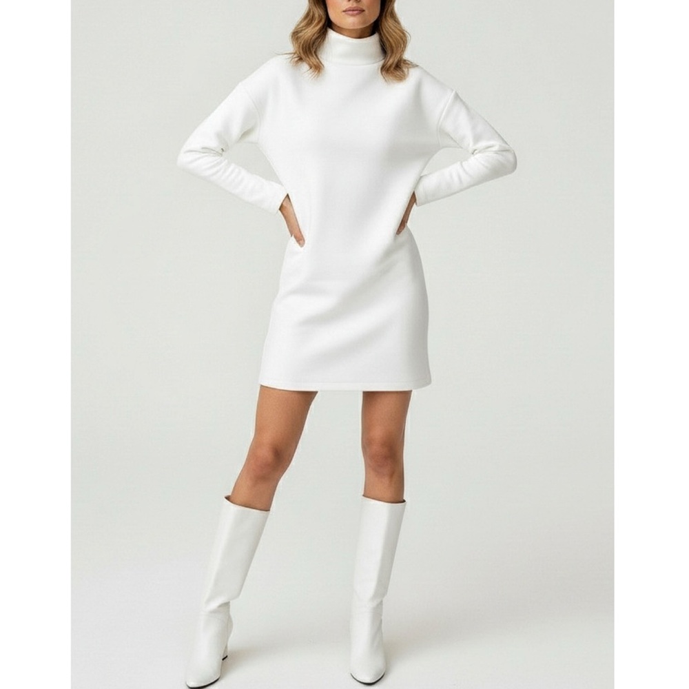EMERSON FRY Edie Turtleneck Long Sleeve Dress, Ivory Ponte, Small
